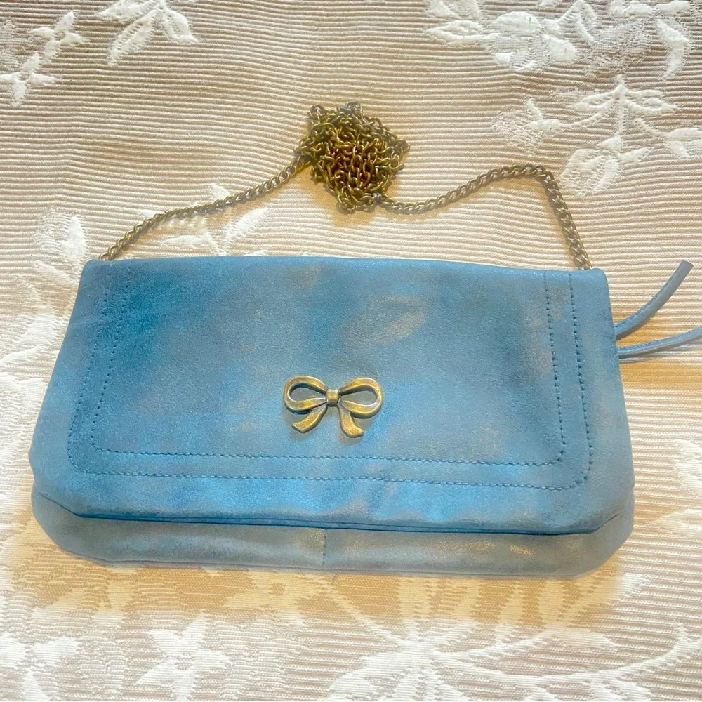 Elegant Dark Blue Green Clutch Purse with Gold Bow